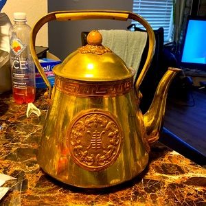 Antique Chinese  Brass Sided Lidded Teapot Engraved Bates